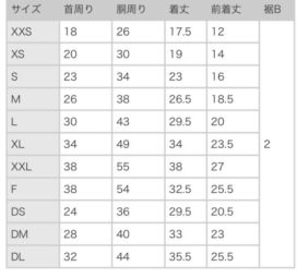 わんちゃん服サイズ表画像